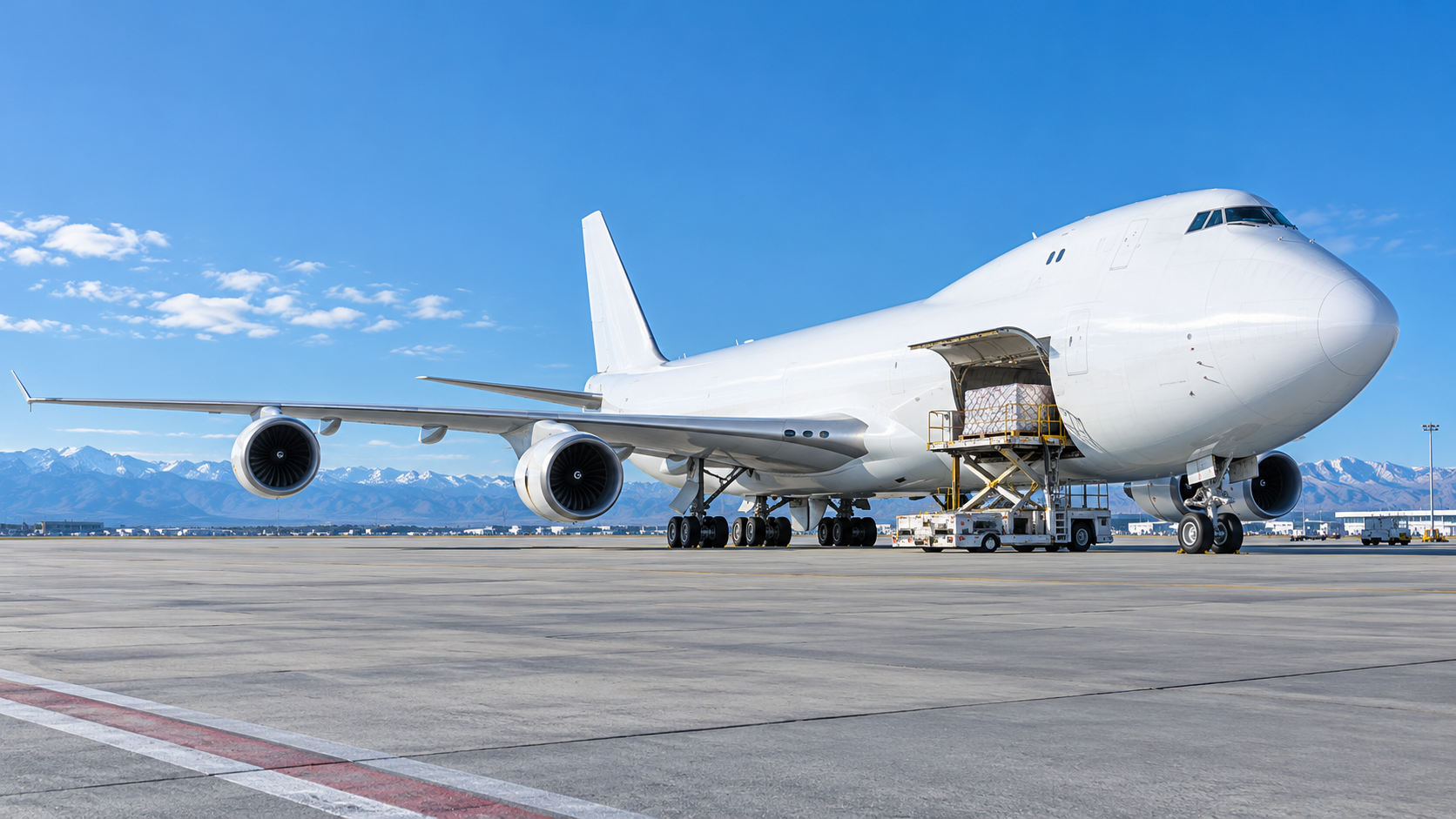 White cargo aircraft being loaded on a sunlit, spacious airport apron