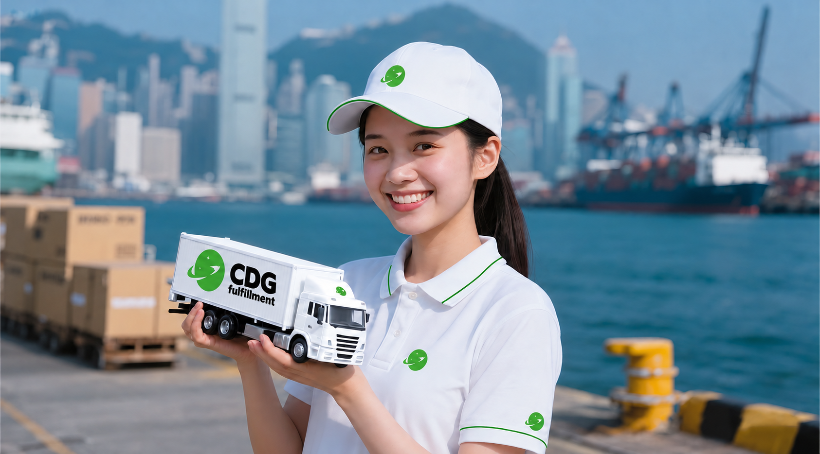 CDG fulfillment team member holding a model delivery truck at a shipping port