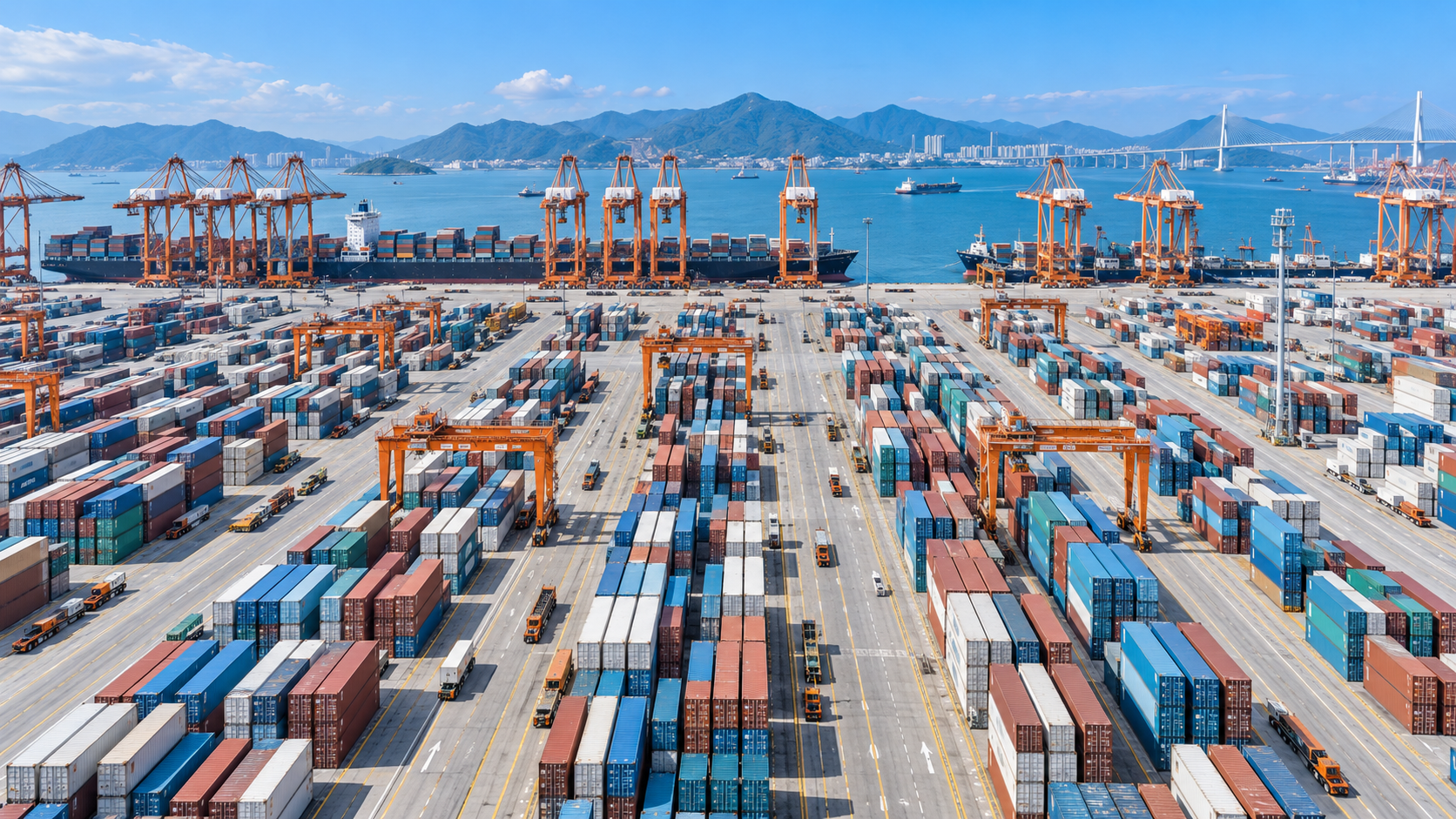 Aerial panorama of a container terminal and global shipping port