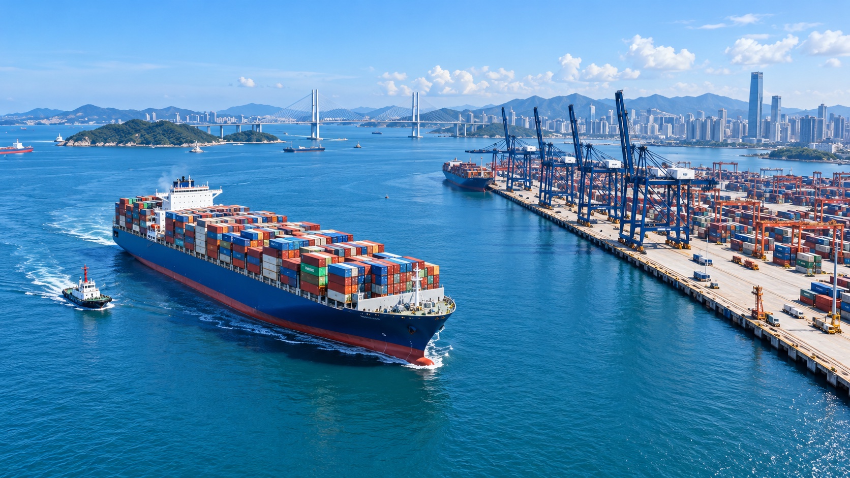 Container ship departing a bright coastal China port