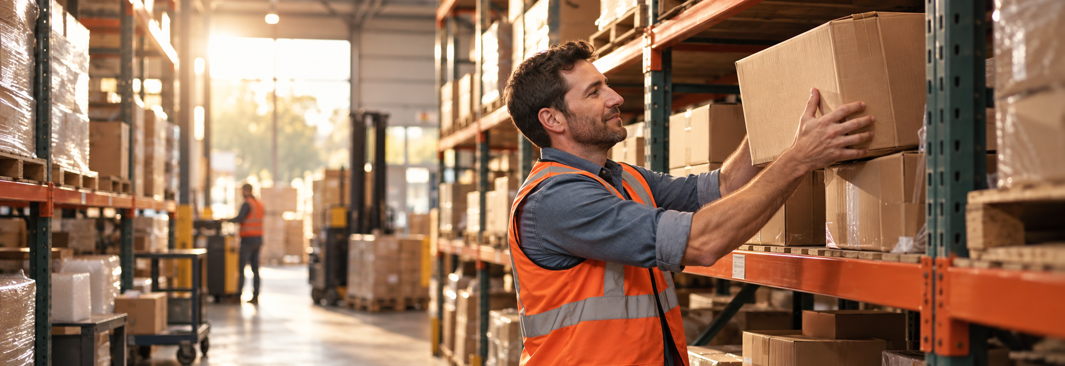 Warehouse worker placing a carton on a shelf in warm afternoon light