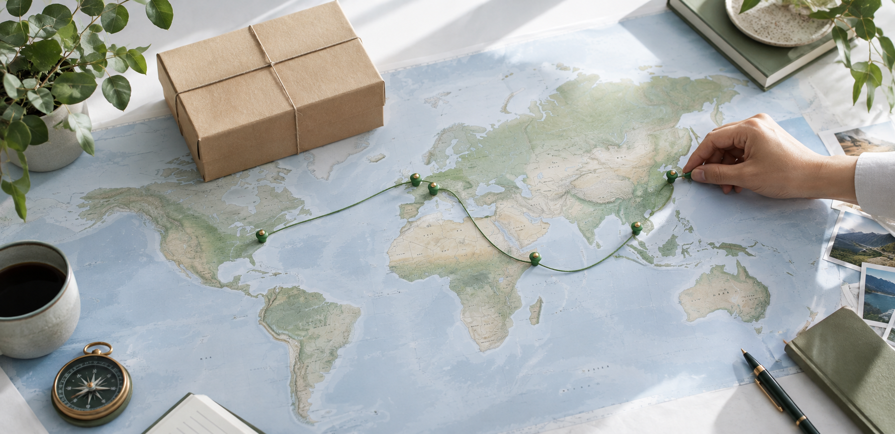 Parcel on a world map with a connected route marked from China