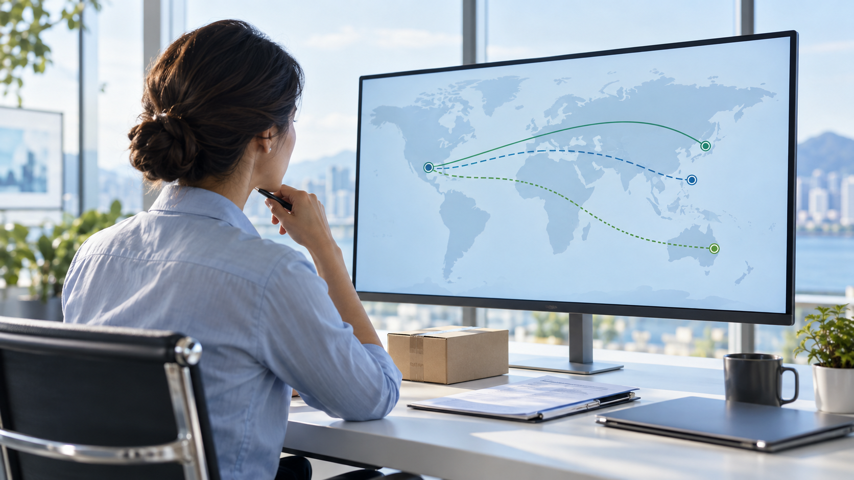 Logistics planner comparing global shipping routes on a digital map