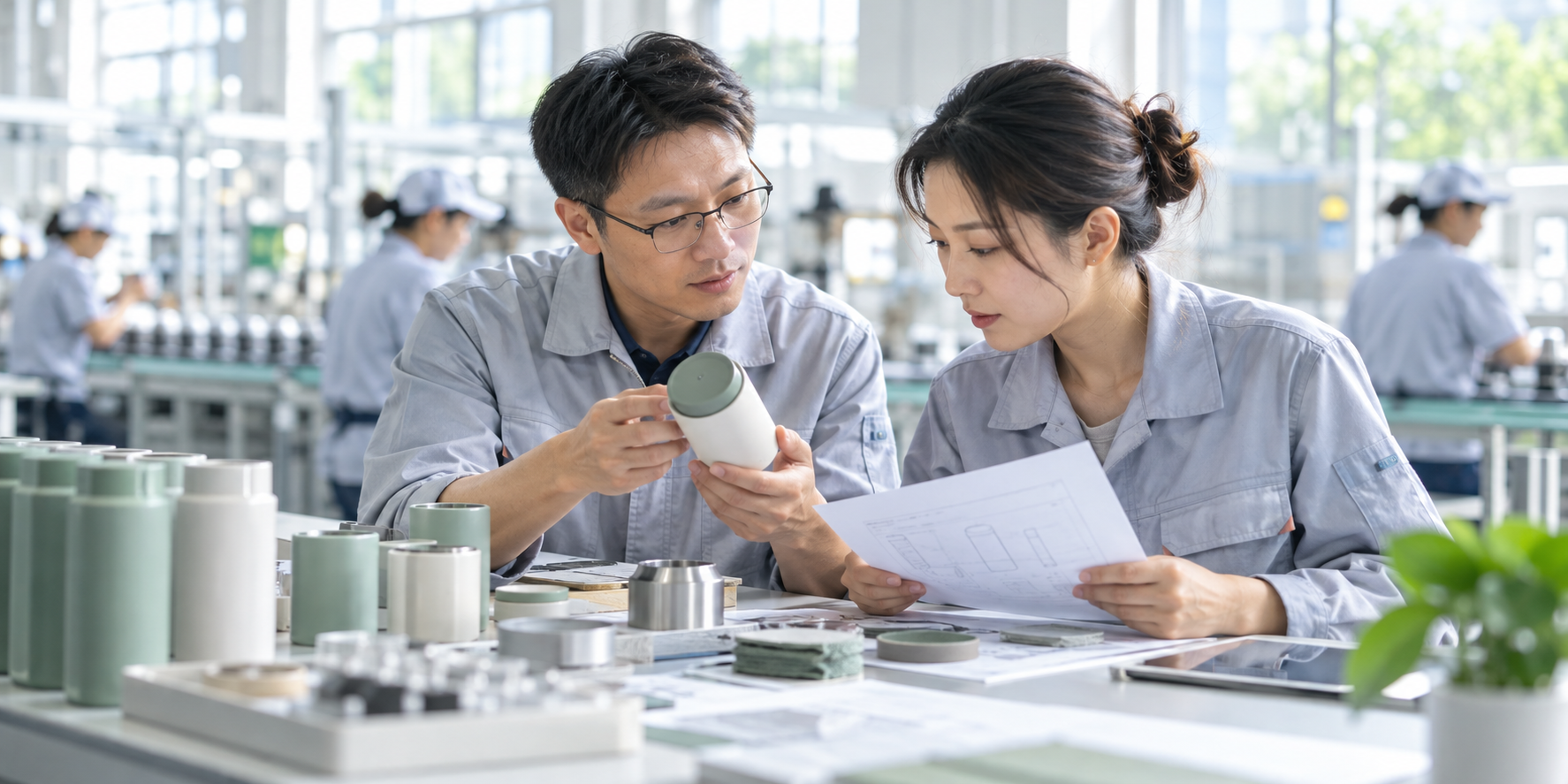 Product and quality specialists reviewing a sample at a manufacturing workbench
