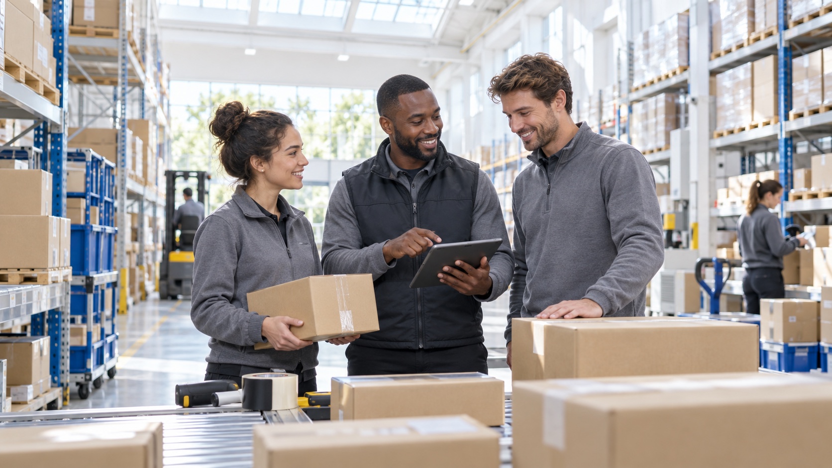Fulfillment team coordinating orders in a bright, clean warehouse